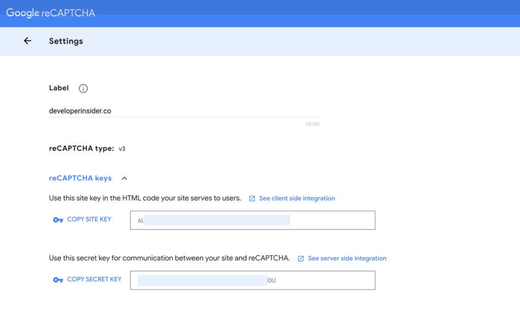 Google Recaptcha Site Key and Secret Key